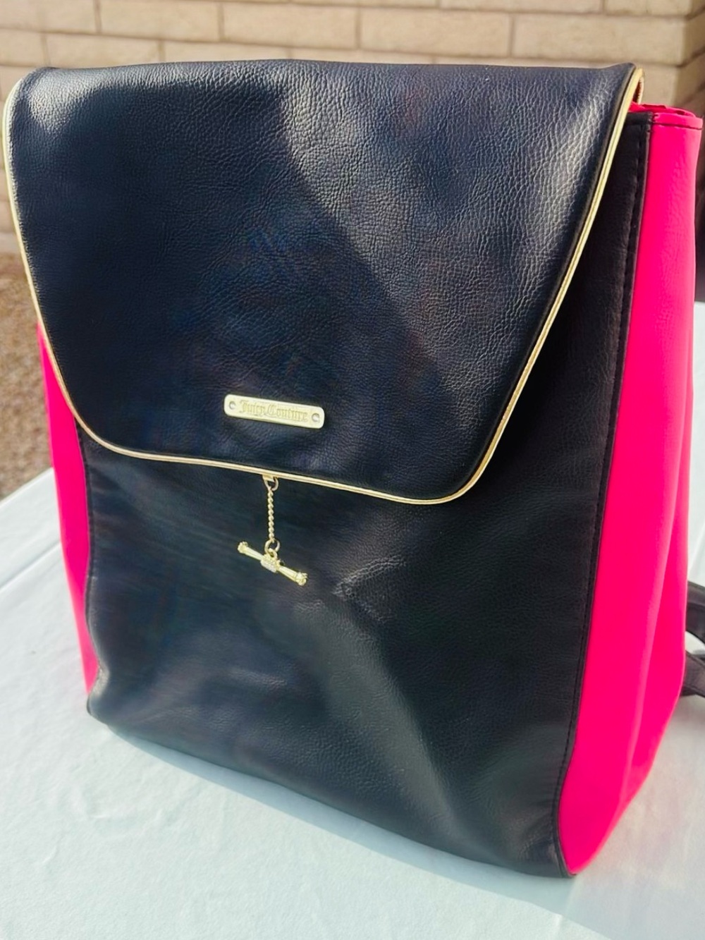 Juicy Couture Black & Hot Pink Backpack Purse w/Gold Tone Trim/Hardware